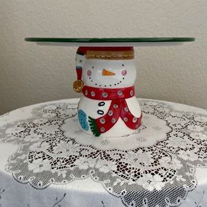 Pier 1 Imports Snowman Cake Stand 7 1/2” Tall Hand Painted Brand New In Box